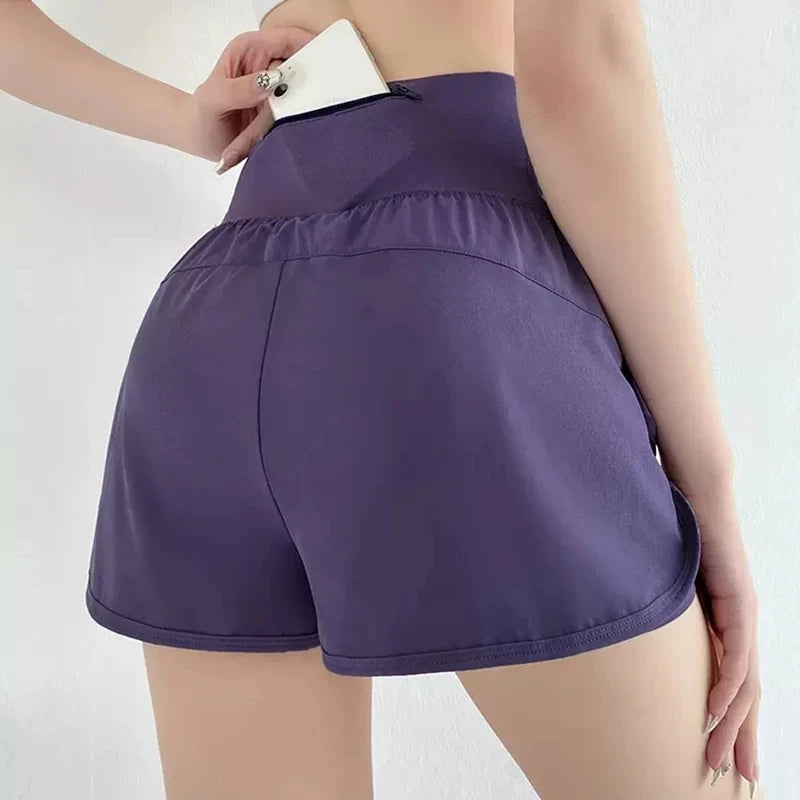 Gym Sport Shorts Women Elastic High Waist Short Pants With Pockets Fake Two Pieces Yoga Leggings Running Training Shorts