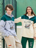 ZAFUL Fleece Hoodie for Men ALASKA Graphic Eagle Printed Sweatshirt Colorblock Vintage Streetwear Pullover Sweats Unisex Style