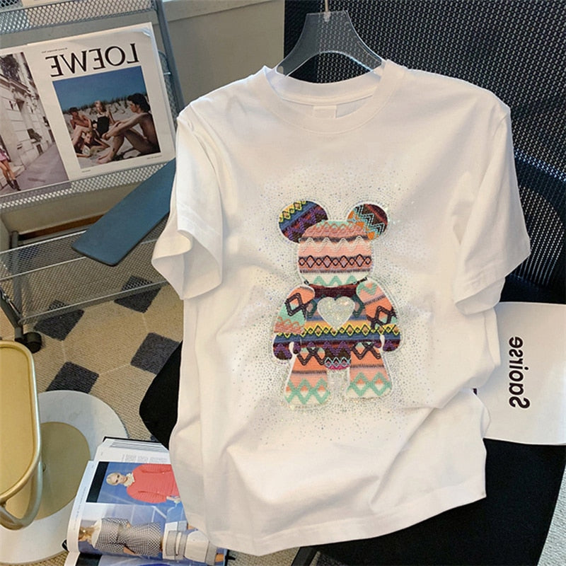 Woman Summer Oversize Tshirts O-neck Casual Loose Tee Harajuku Girls Short Sleeve White Black Bottom Cute Bear Embroidery Tops